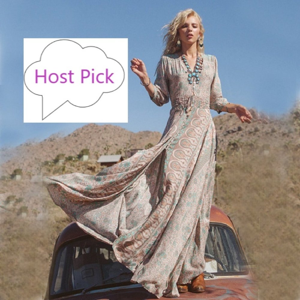 Boho Maxi Dress Womens Western V Neck Long Sleeve High Slit Paisley